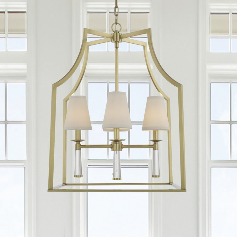 Mini Baxter Aged Brass 4-Light Chandelier with White Silk Shade