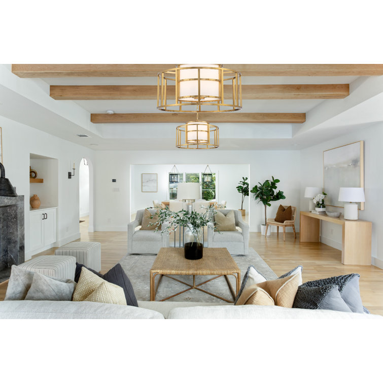 Luxe Gold Silk Drum Shade 5-Light Chandelier with White Accents