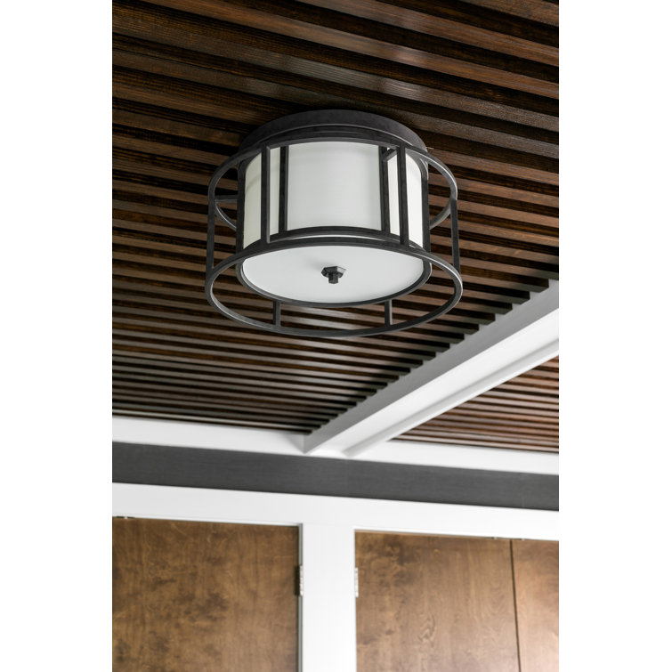 Matte Black Steel and Glass Drum Flush Mount Light