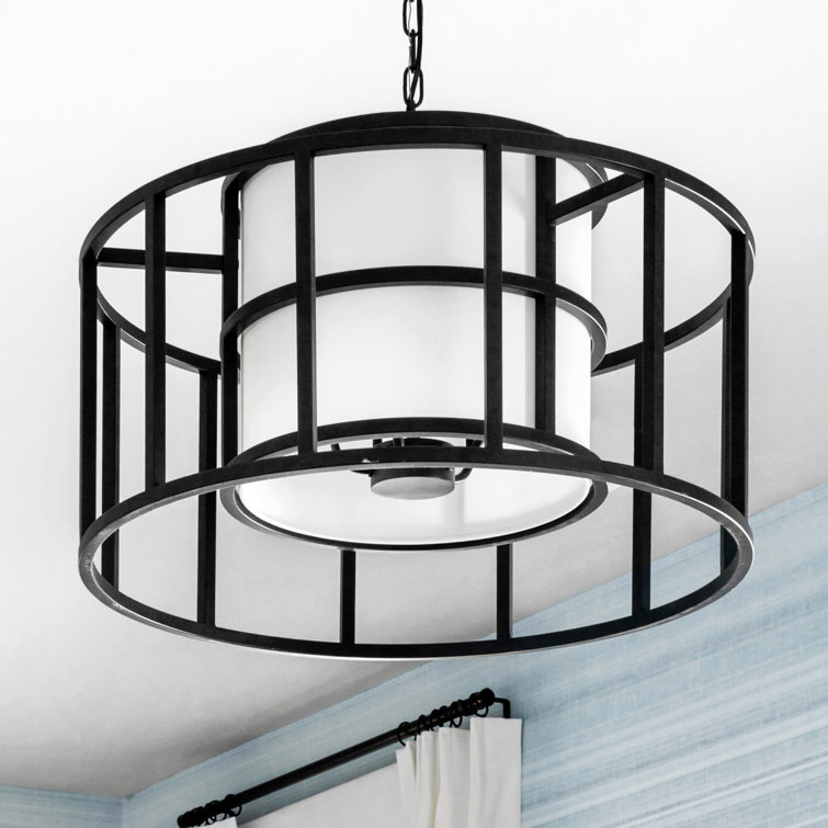Sleek Matte Black and White Silk Drum Chandelier with 5 Lights