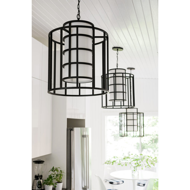 Matte Black Silk Shade Drum Chandelier with 6 Lights