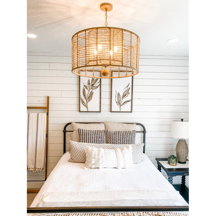 Jayna Burnished Silver 4-Light Drum Chandelier with Natural Jute