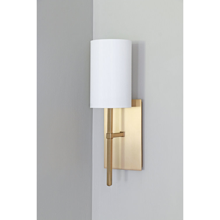 Aged Brass and White Silk 1-Light Wall Sconce