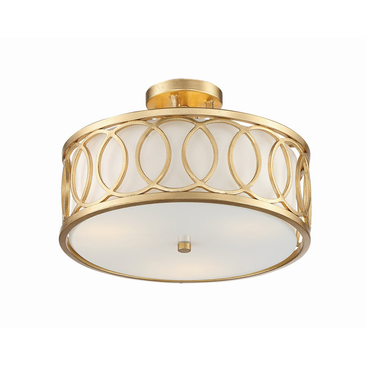 Libby Langdon Antique Gold Circular 3-Light Semi-Flush Mount with White Silk Shade