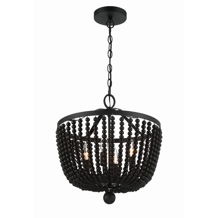 Mini Matte Black Crystal and Wood Bead 4-Light Chandelier
