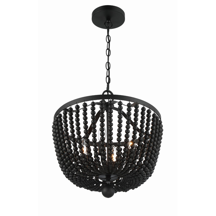 Mini Matte Black Crystal and Wood Bead 4-Light Chandelier