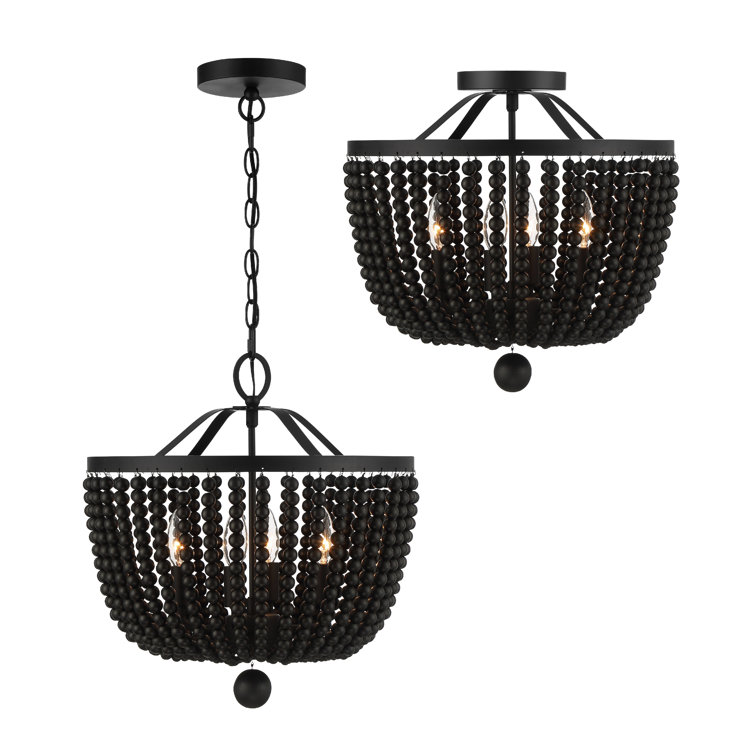 Mini Matte Black Crystal and Wood Bead 4-Light Chandelier