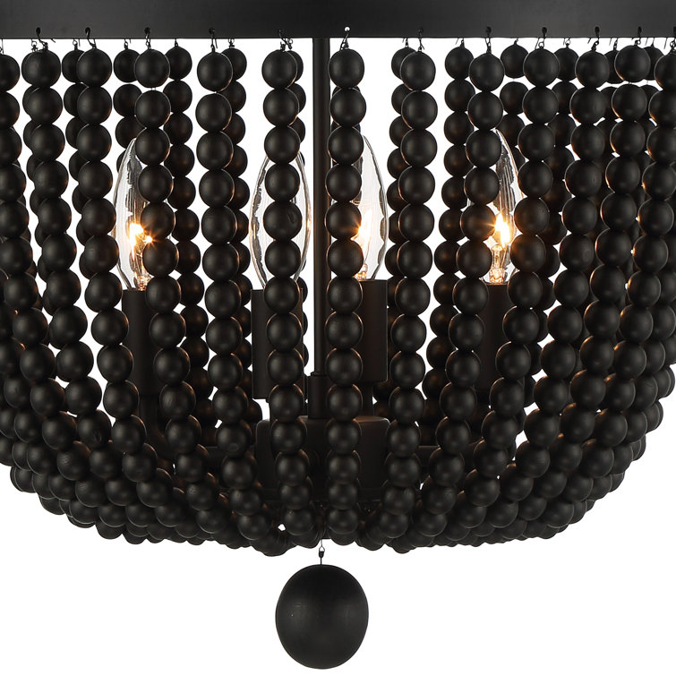 Mini Matte Black Crystal and Wood Bead 4-Light Chandelier