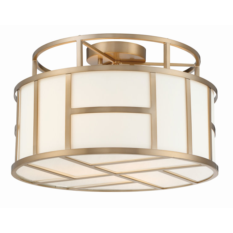 Vibrant Gold and White Silk Drum 3-Light Flush Mount