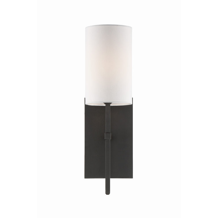Sleek Black Forged Cylinder Wall Sconce with White Silk Shade