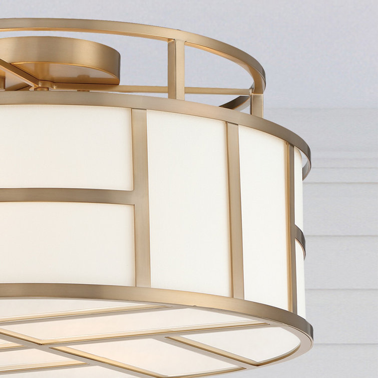 Vibrant Gold and White Silk Drum 3-Light Flush Mount
