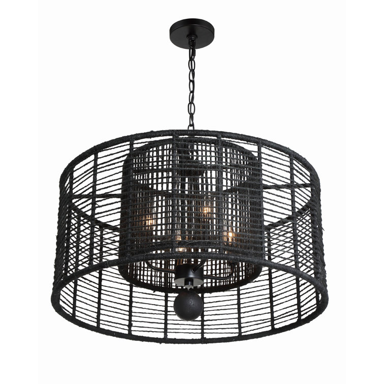Matte Black Drum Filigree 4-Light Chandelier