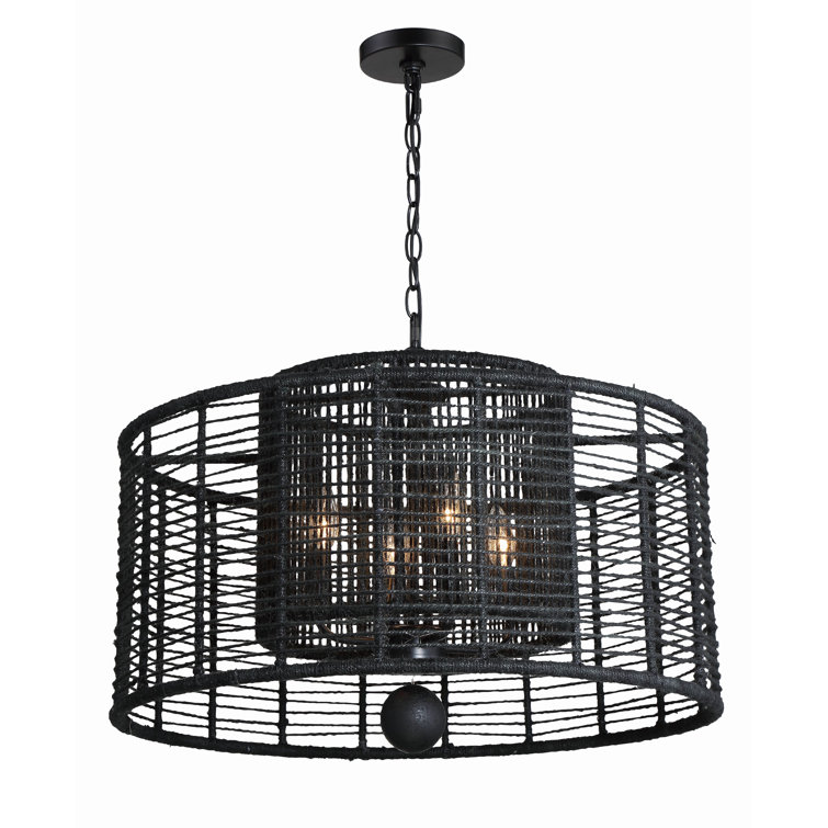 Matte Black Drum Filigree 4-Light Chandelier