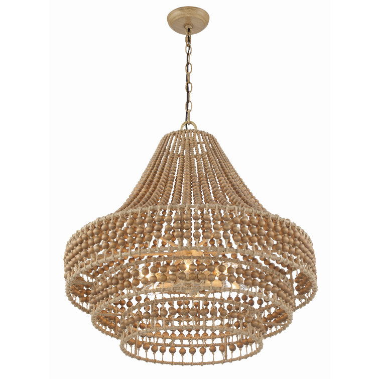 Burnished Silver and Natural Wood Bead 6-Light Chandelier