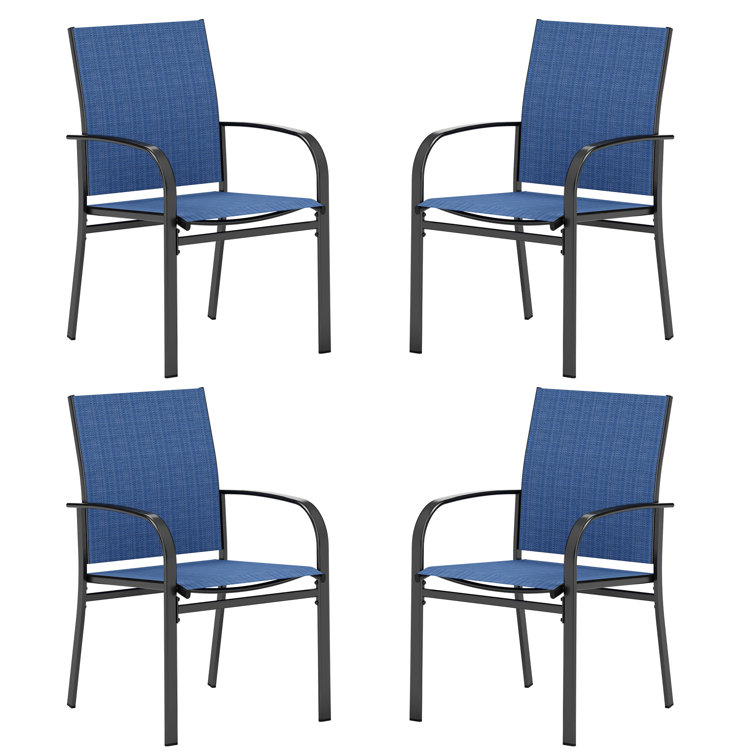 Blue and Black Ergonomic Steel Outdoor Dining Armchairs, Set of 4