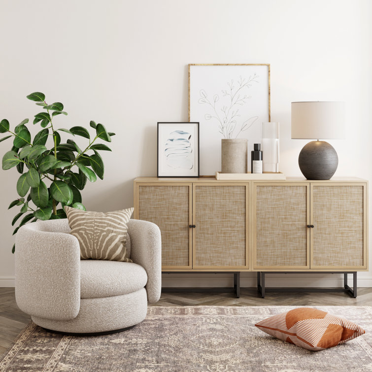 Light Oak and Cane Freestanding Storage Cabinet with Adjustable Shelves