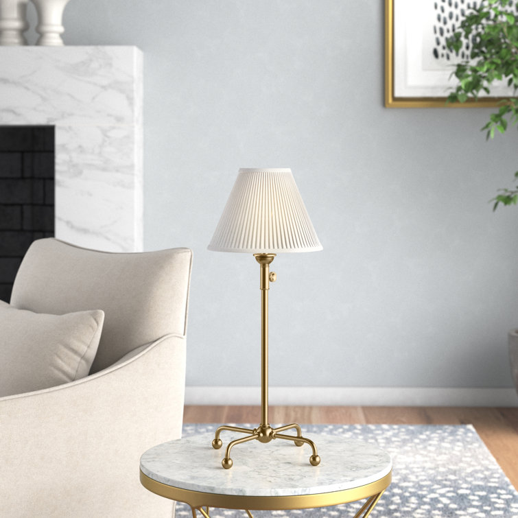 Aged Brass Adjustable Arc Table Lamp with Silk Shade
