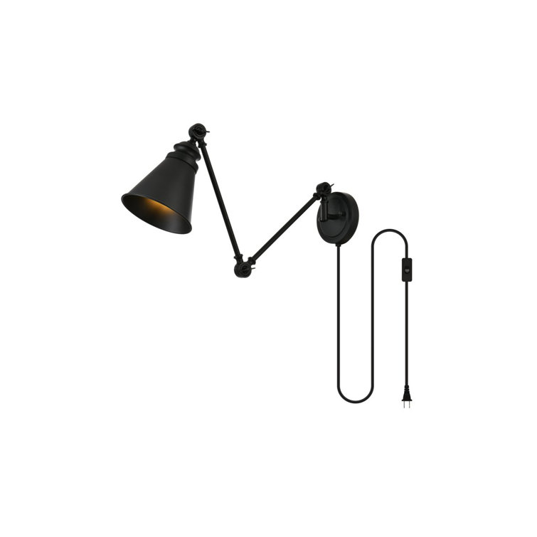 Black Iron Plug-In Swing Arm Sconce with Cone Shade