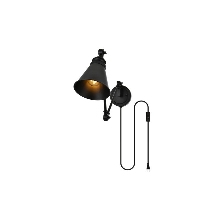 Black Iron Plug-In Swing Arm Sconce with Cone Shade