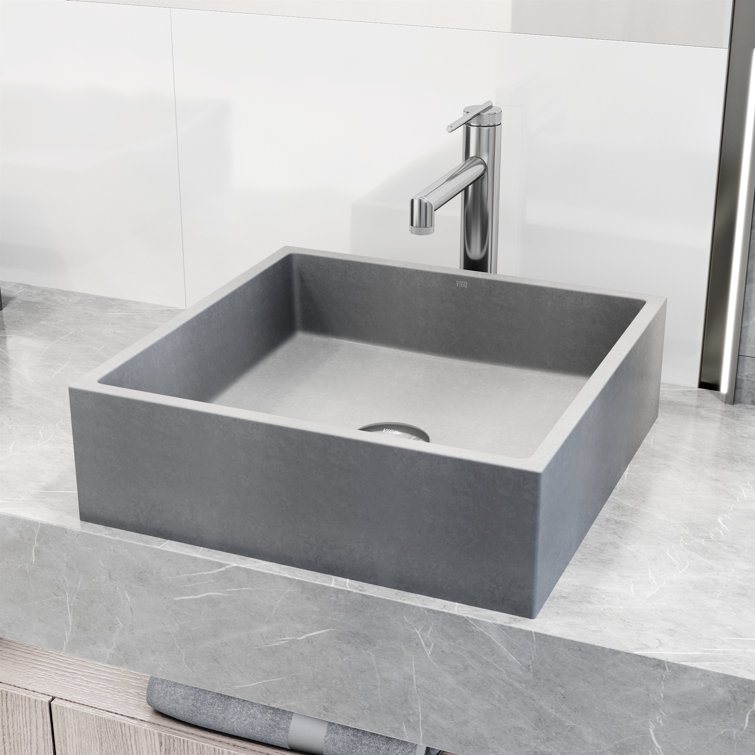 Gray Concrete Square Vessel Sink with Chrome Faucet