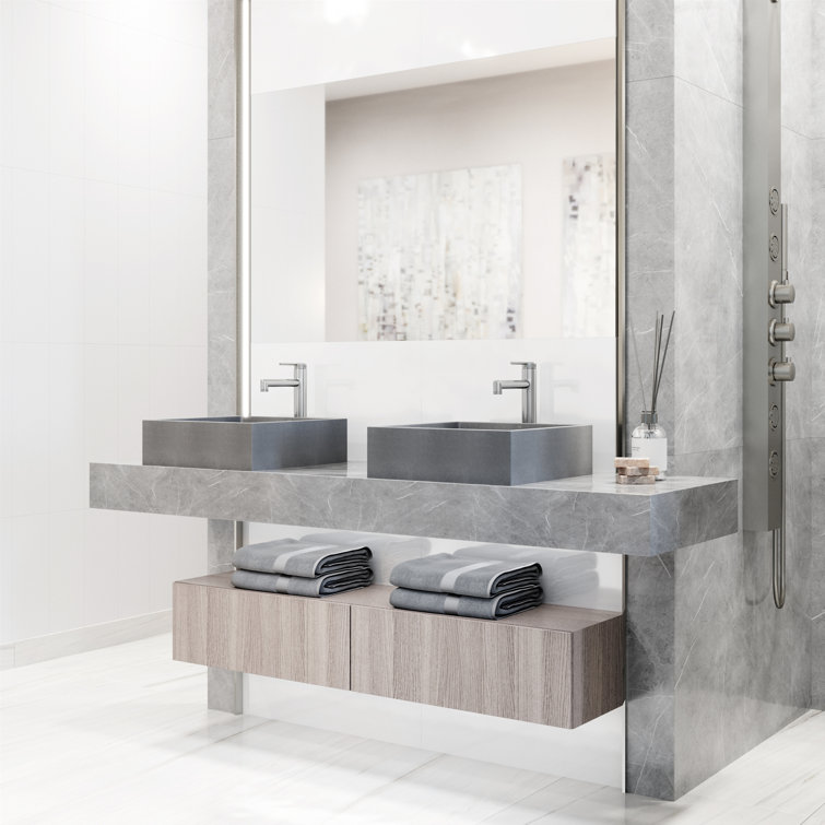 Gray Concrete Square Vessel Sink with Chrome Faucet