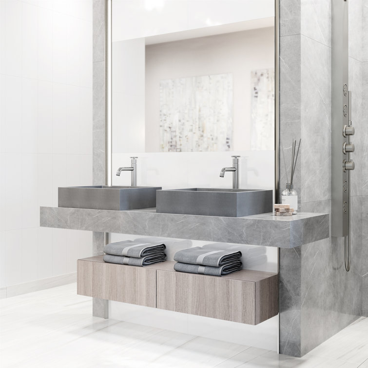 Gray Concrete Rectangular Vessel Sink with Brushed Nickel Faucet