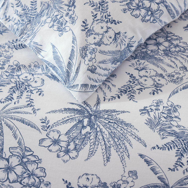 Pen and Ink Blue Floral Cotton Queen Duvet Cover Set