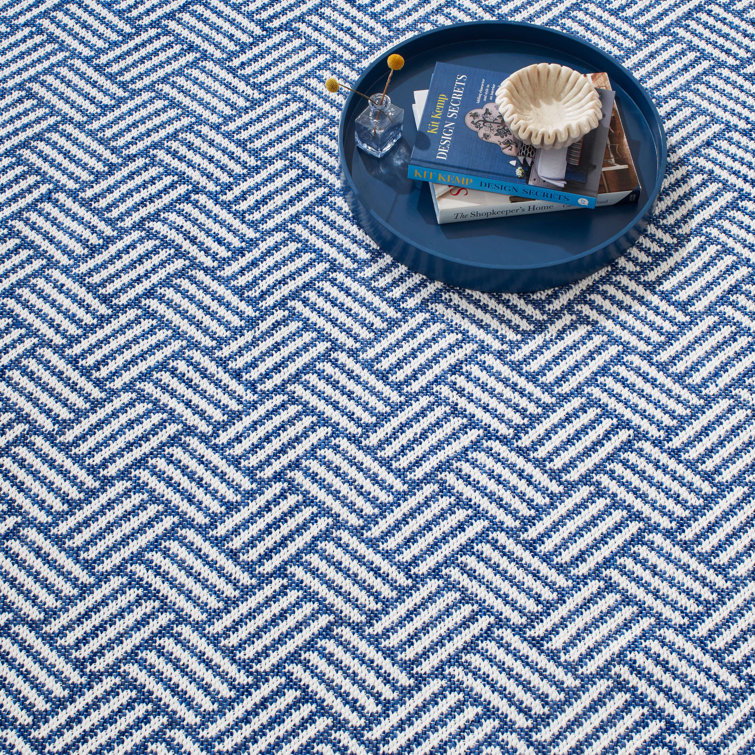 Blue and White Rectangular Basket Weave Synthetic Rug