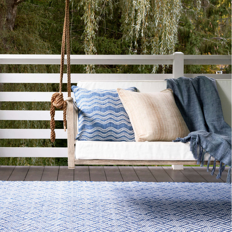 Blue and White Rectangular Basket Weave Synthetic Rug