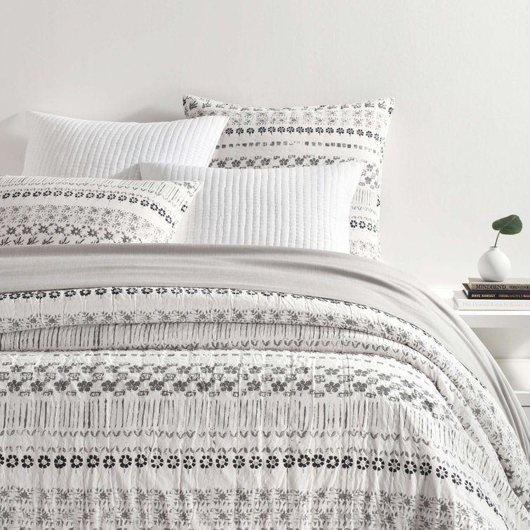 Hawthorn Floral Motif Lightweight Queen Coverlet in Gray, Charcoal, and Ivory