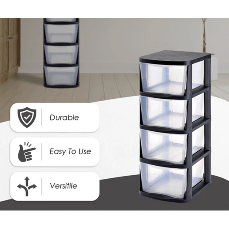 Clear Plastic 4-Drawer Storage Tower with Black Frame