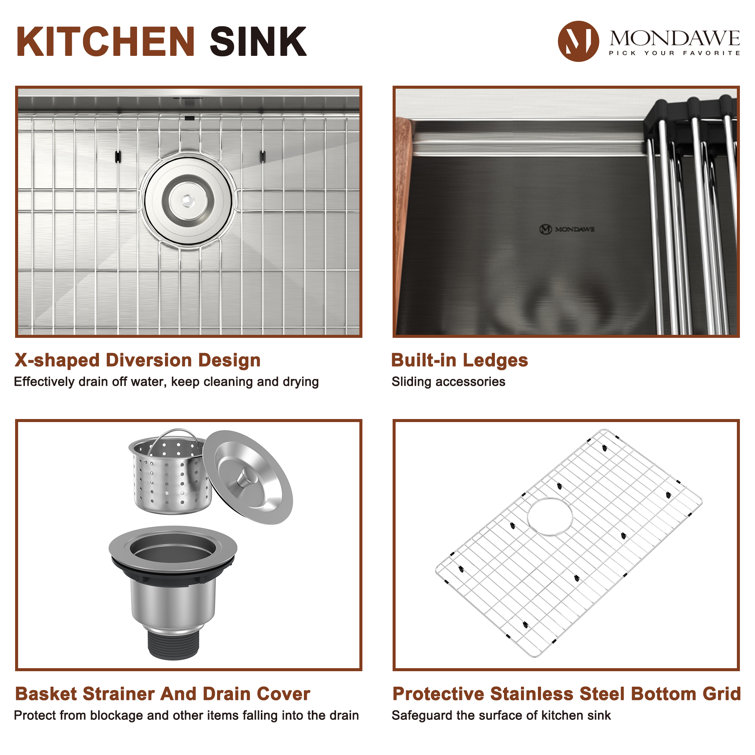 32" Brushed Stainless Steel Single Bowl Undermount Kitchen Sink