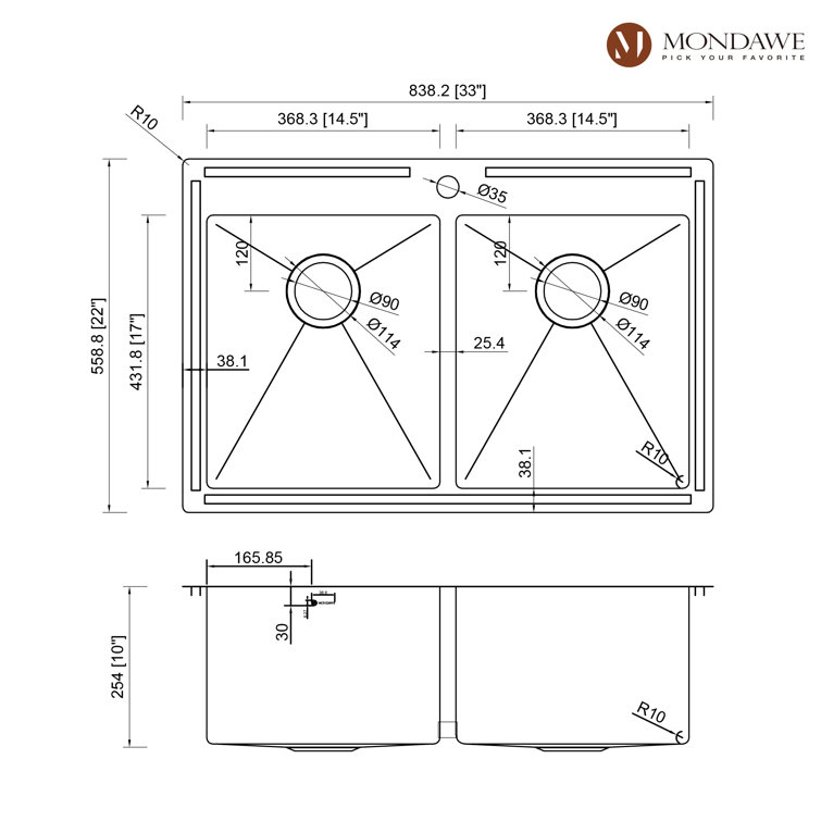 33'' Stainless Steel Double Bowl Drop-In Kitchen Sink