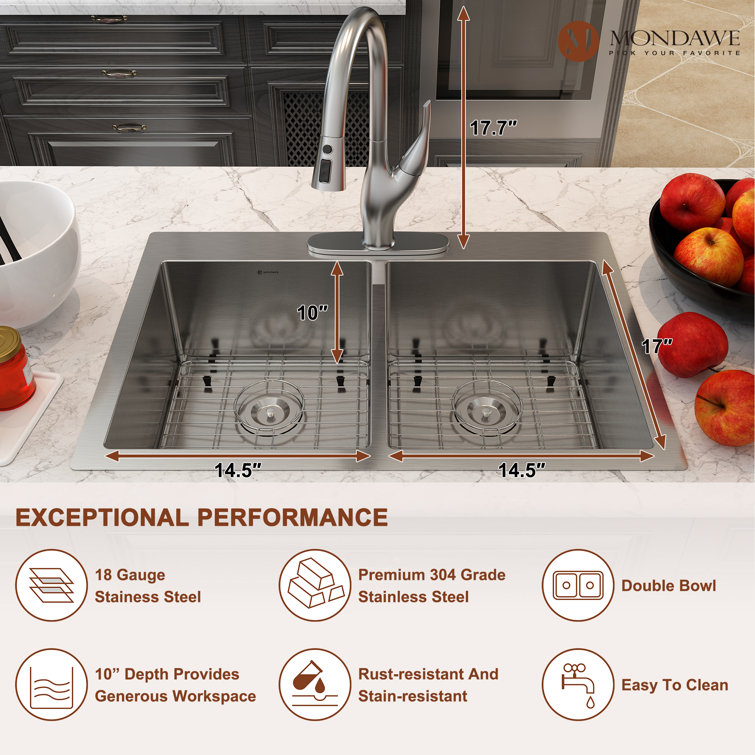 33'' Stainless Steel Double Bowl Drop-In Kitchen Sink