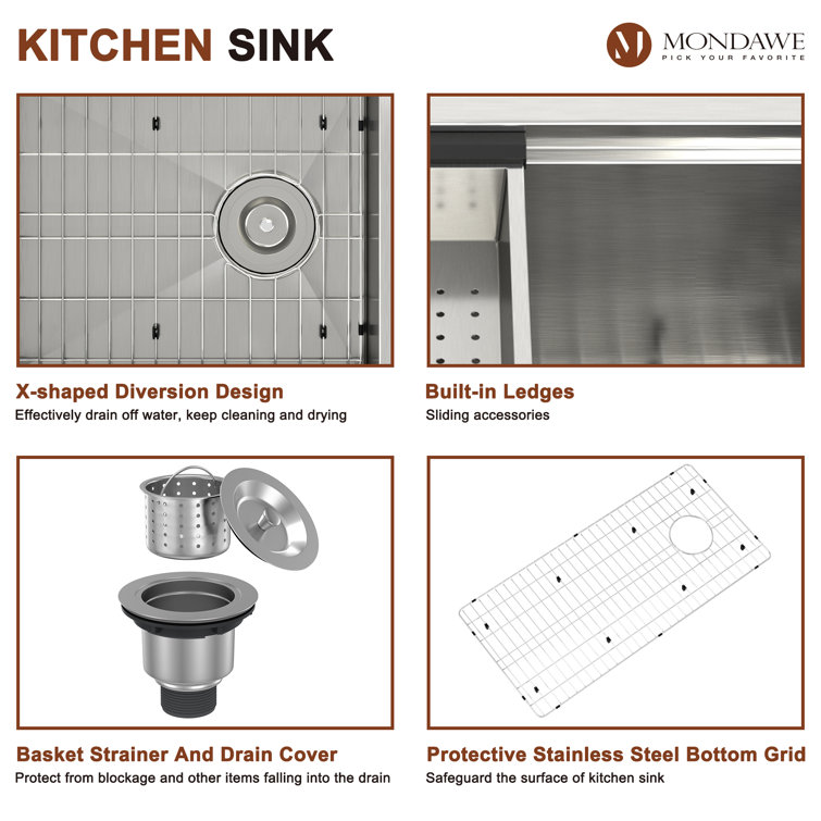 36'' Stainless Steel Single Bowl Undermount Kitchen Sink with Accessories