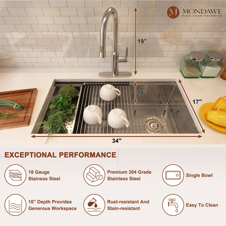 36'' Stainless Steel Single Bowl Undermount Kitchen Sink with Accessories