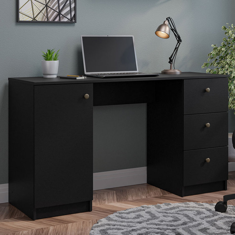 Sleek 53" Black Engineered Wood Gaming Desk with Filing Cabinet