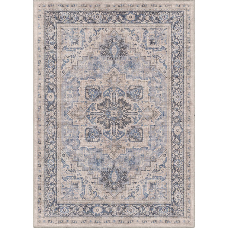 Blue Medallion Chenille Rectangular Washable Area Rug 3'3" x 5'