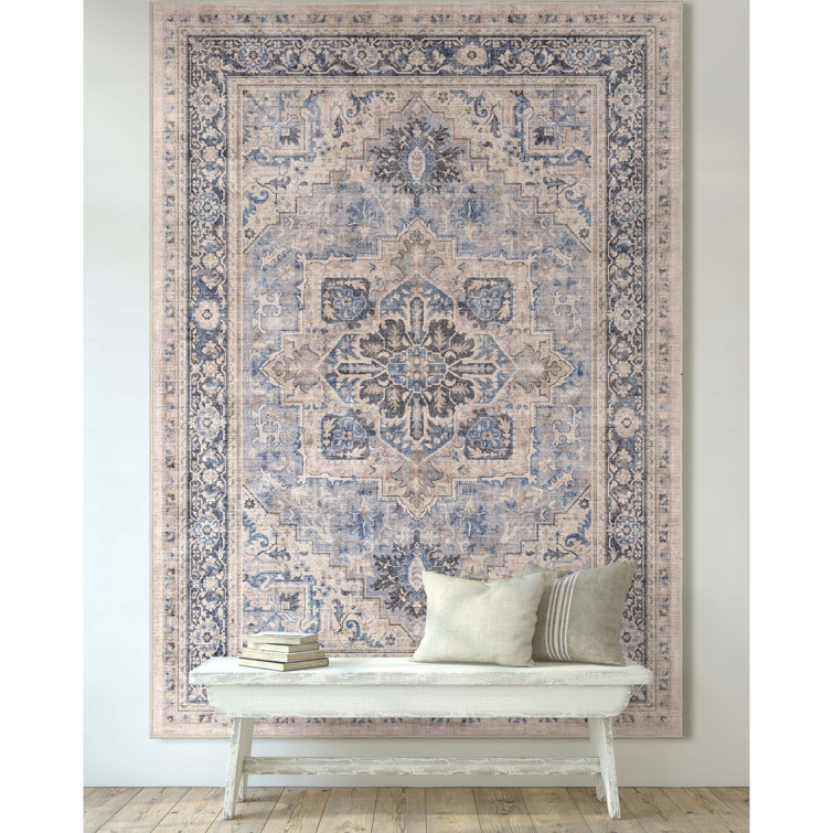 Blue Medallion Chenille Rectangular Washable Area Rug 3'3" x 5'