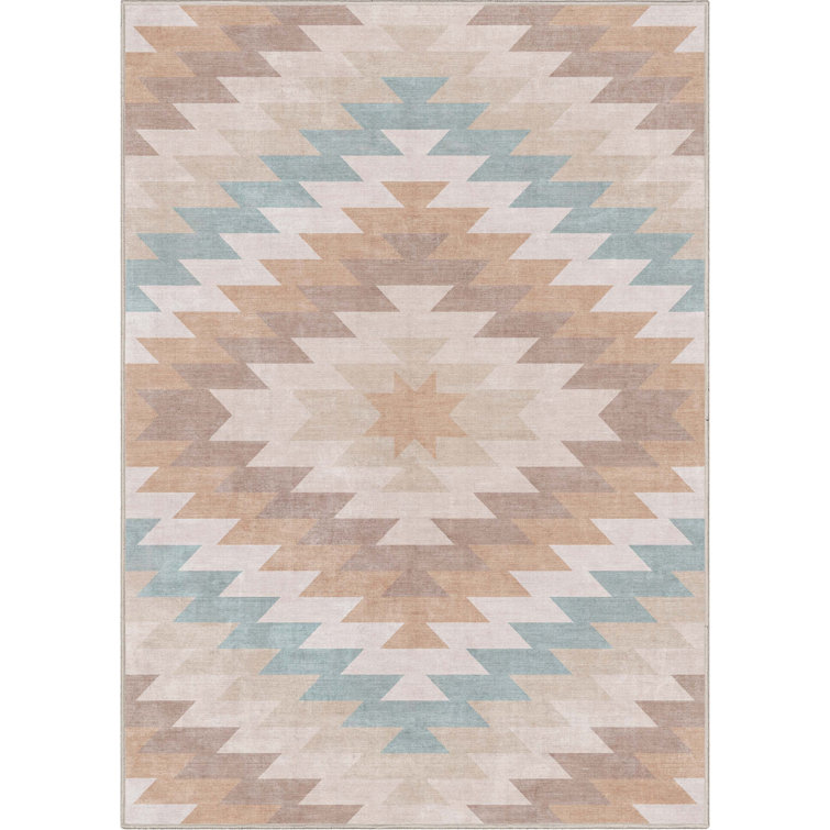 Beige and Blue Southwestern Chenille Rectangular Area Rug 5'3" x 7'3"