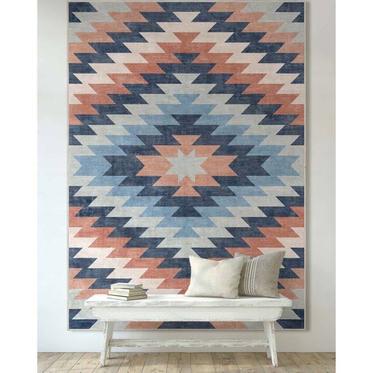 Southwestern Blue and Coral Chenille Flatweave Area Rug 3'3" x 5'