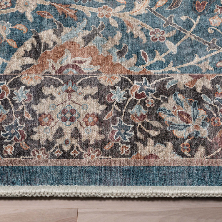 Teal Blue Vintage Floral 9'10" x 13' Washable Area Rug