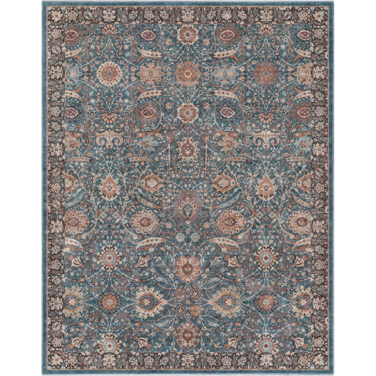 Teal Blue Vintage Floral 9'10" x 13' Washable Area Rug