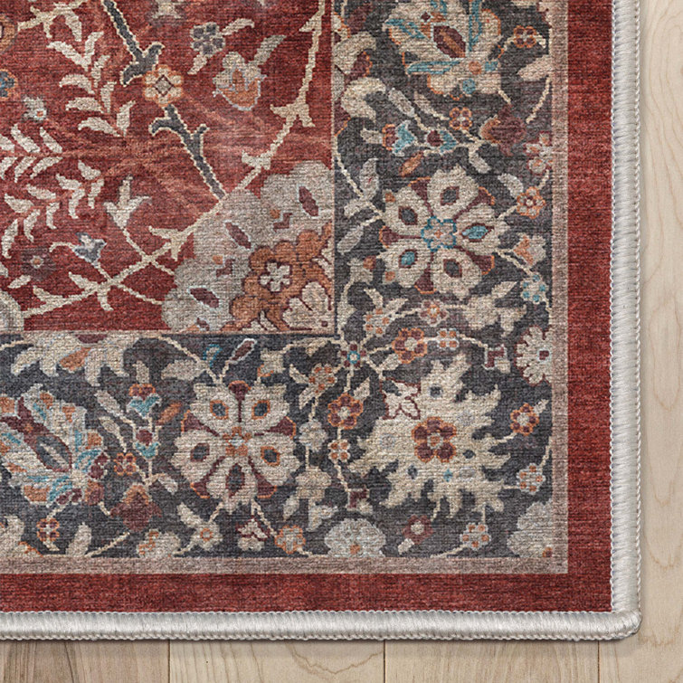 Asha Oriental Red Chenille 3'11" x 5'3" Flat-Weave Washable Rug