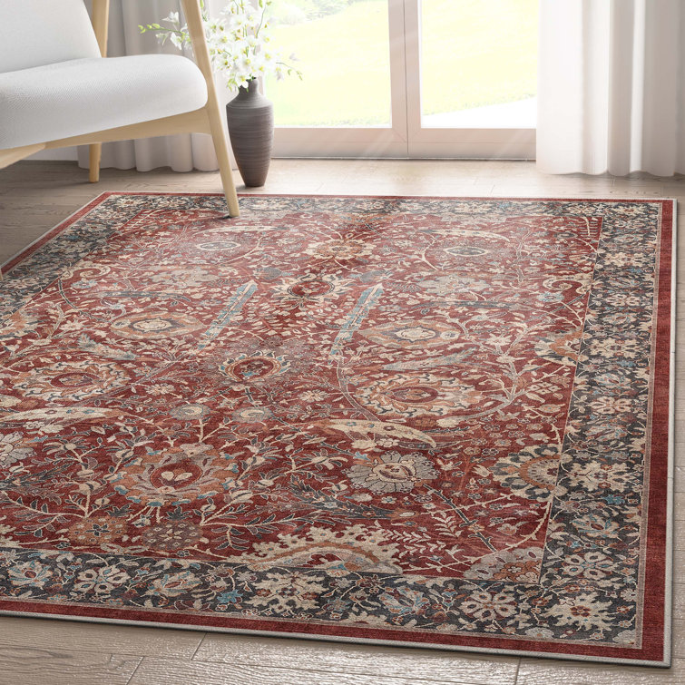 Asha Oriental Red Chenille 3'11" x 5'3" Flat-Weave Washable Rug
