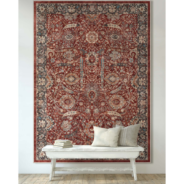 Asha Oriental Red Chenille 3'11" x 5'3" Flat-Weave Washable Rug