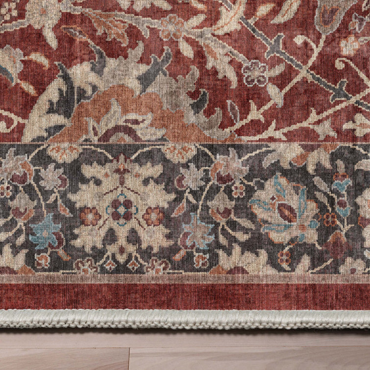 Asha Oriental Red Chenille 3'11" x 5'3" Flat-Weave Washable Rug
