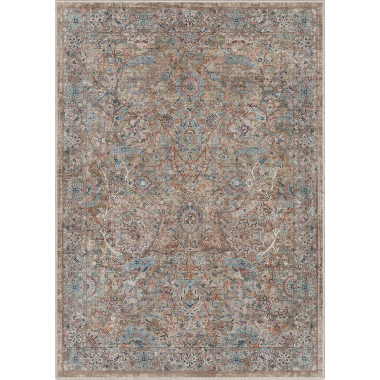 Asha Blue Vintage Persian Floral 6' x 9' Chenille Rug