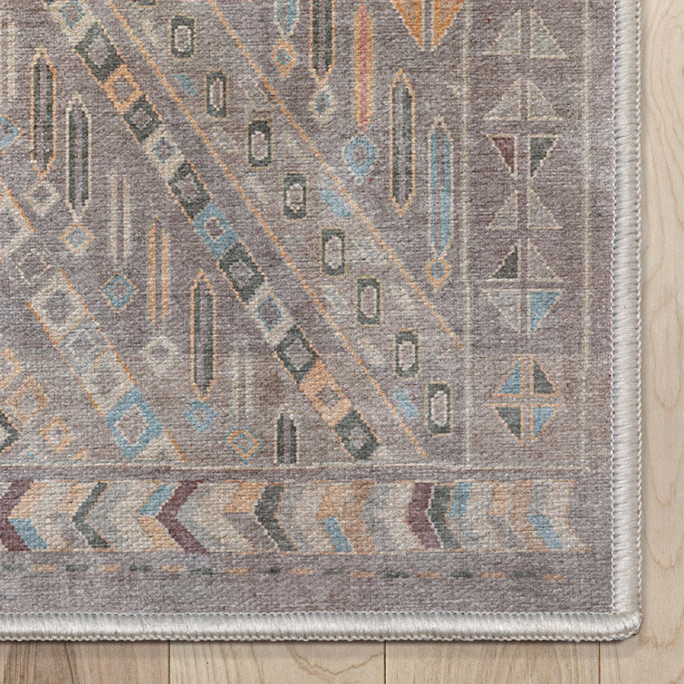 Gray Geometric Machine Woven Runner Rug with Tribal Pattern