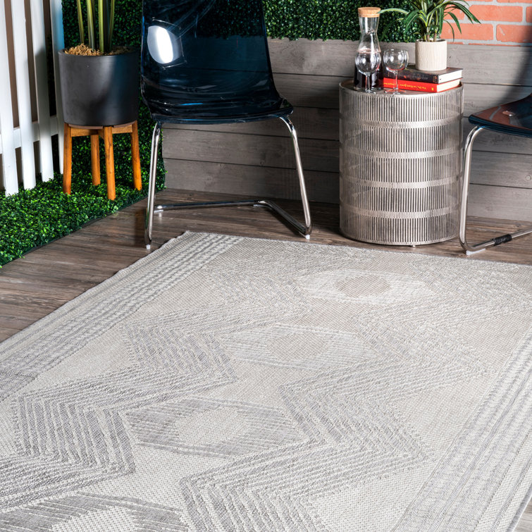 Modern Boho Light Grey Square Synthetic Indoor/Outdoor Rug